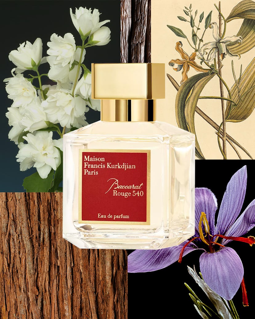 a collage of the perfume bottle for maison francis kurkdjian's baccarat rouge 540