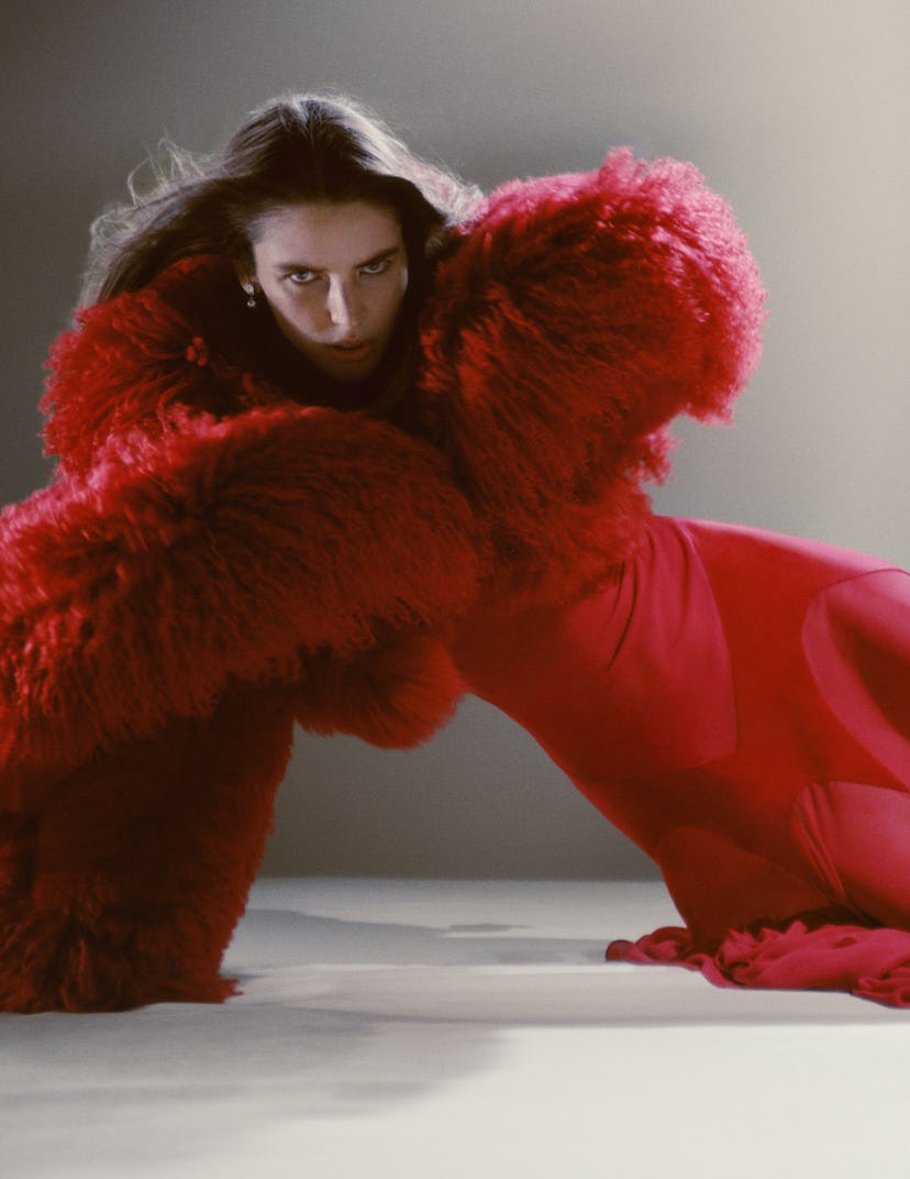 Model wearing red gown