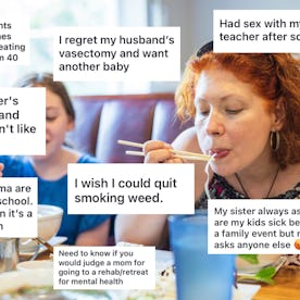 A woman and a young girl are having a meal together. Surrounding them are text snippets expressing p...