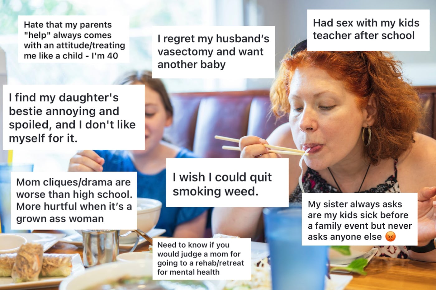A woman and a young girl are having a meal together. Surrounding them are text snippets expressing personal frustrations and experiences related to parenthood and social issues.