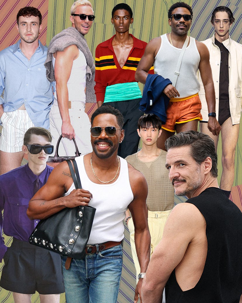 A collage of runway looks and celeb looks showing skin