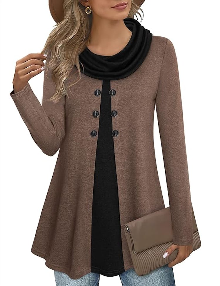 Bebonnie Long-Sleeved Cowl Neck Tunic Top