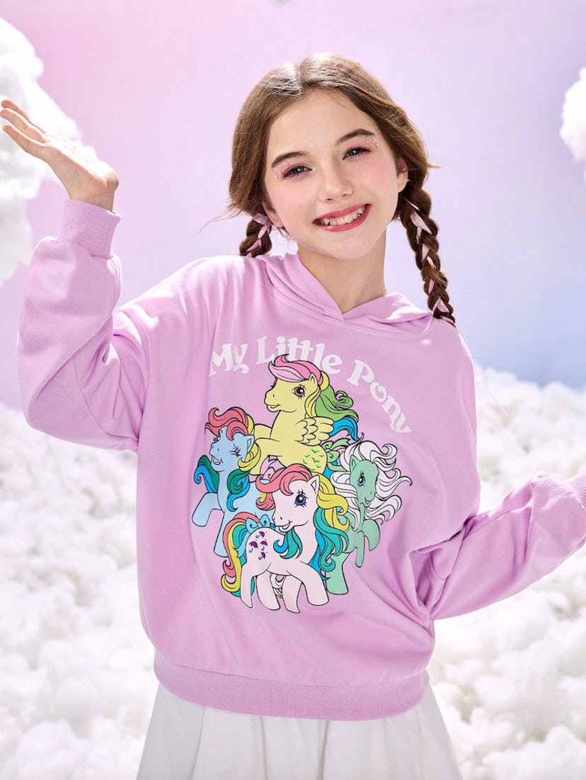 My Little Pony X SHEIN Tween Girl Letter & Cartoon Graphic Hoodie Sweatshirt