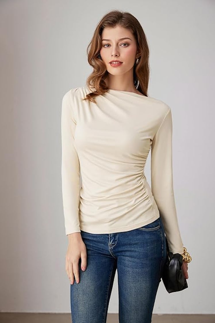 GRACE KARIN Long Sleeve Wrap Ruched Top