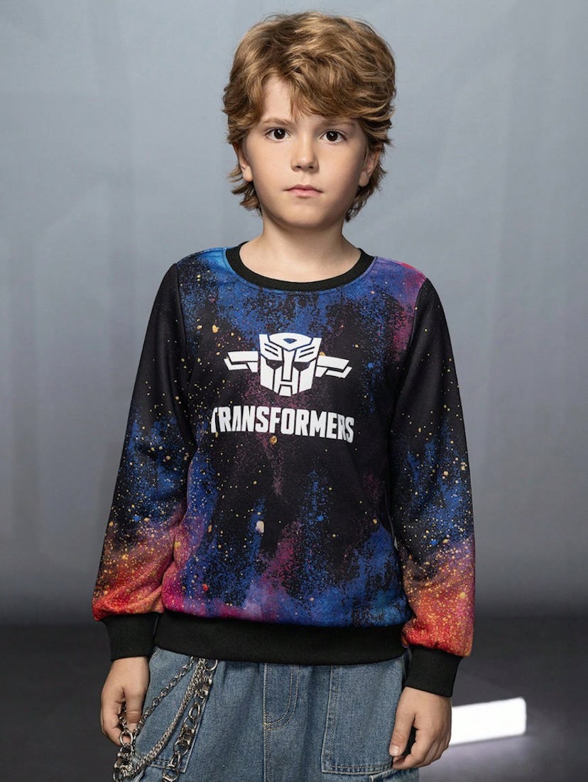 Transformers X SHEIN Tween Boy Letter & Robot Graphic Crew Neck Pullover Sweatshirt