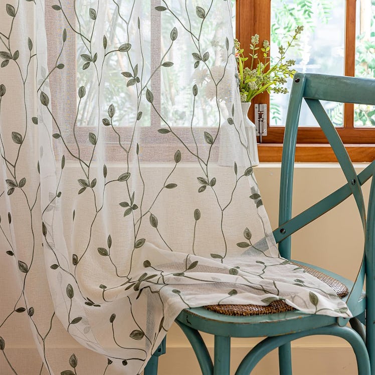 AmHoo Embroidered Leaf Semi Sheer Curtains (2 Panels)