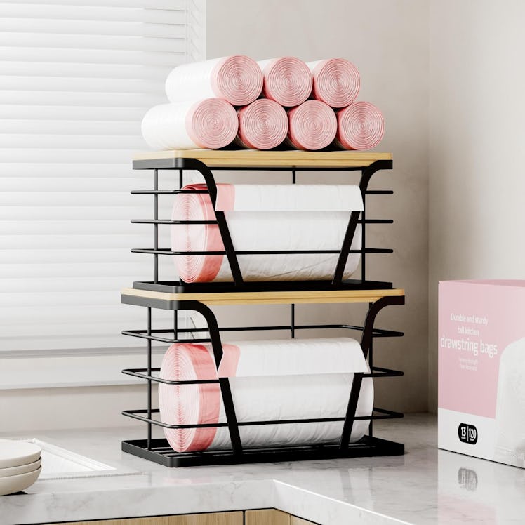 TIDIIABODE 2 Pack Stackable Storage Laundry Kitchen Organizers, Wall Mount Trash Bag Holder with Bam...