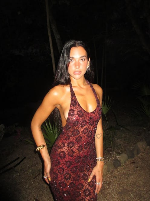 Dua Lipa wears a sheer crochet dress to ring in her birthday.