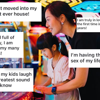 A woman assists a young girl at an arcade game, surrounded by colorful lights, with positive quotes about joy, gratitude, and love overlaying the image.