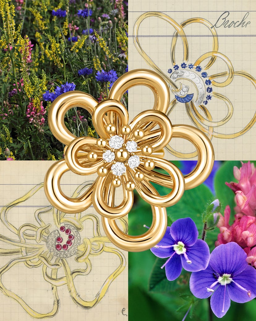 Flowerlace jewelry from Van Cleef & Arpels with sketches and jewelry