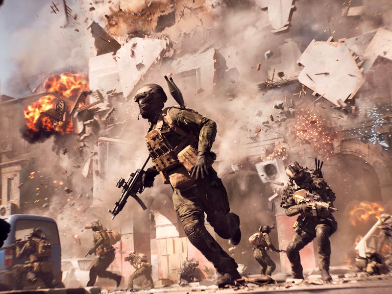 A chaotic scene unfolds as soldiers run armed through debris and explosions in a war-torn urban envi...