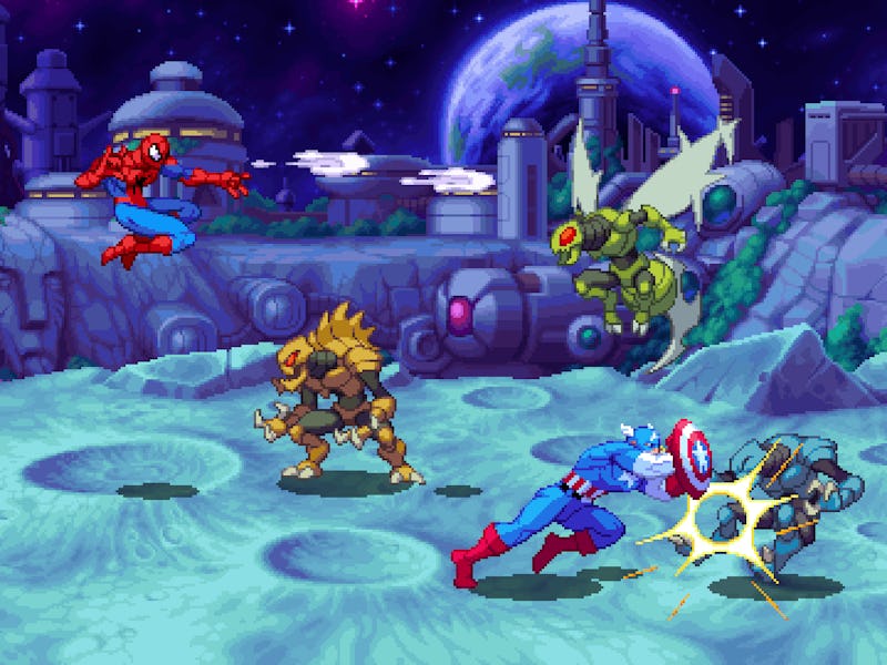 A colorful comic-style scene shows Spider-Man and Captain America battling robotic monsters on a moo...