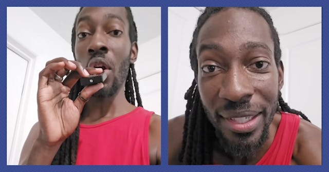 A man with long hair in a red tank top holds a small device toward the camera, smiling, in a split i...