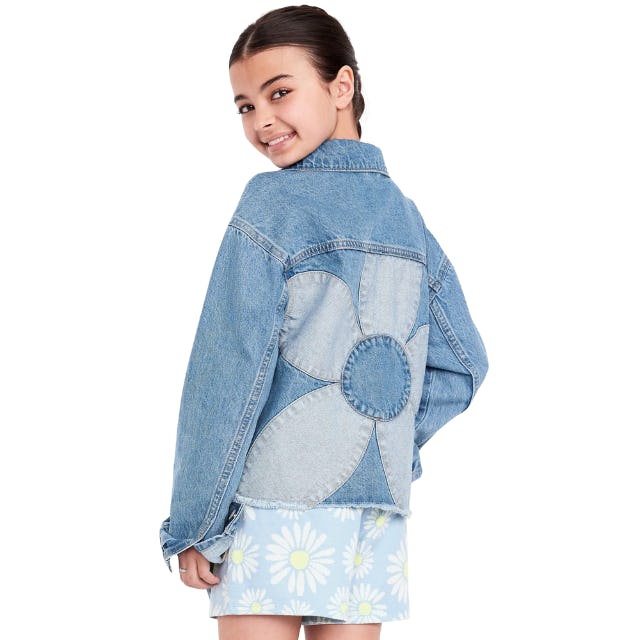 Oversized Floral-Back Cut-Off Jean Jacket for Girls