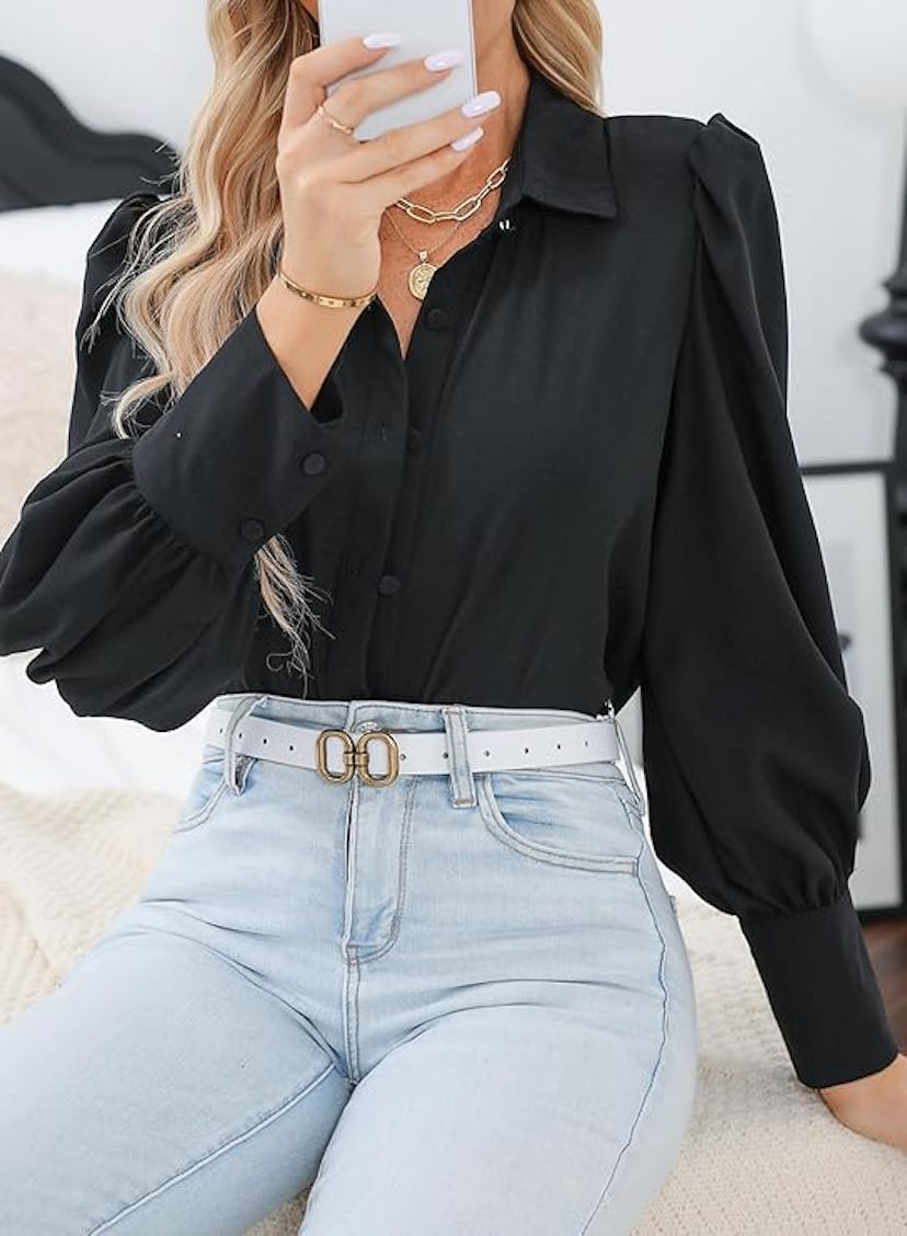 Zeagoo Button-Down Lantern-Sleeve Blouse 