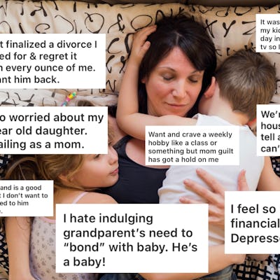 A woman sits on a patterned blanket, holding her two children. Various text snippets express concerns about divorce, motherhood, finances, and family expectations.