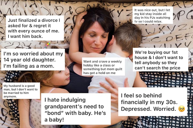A woman sits on a patterned blanket, holding her two children. Various text snippets express concern...