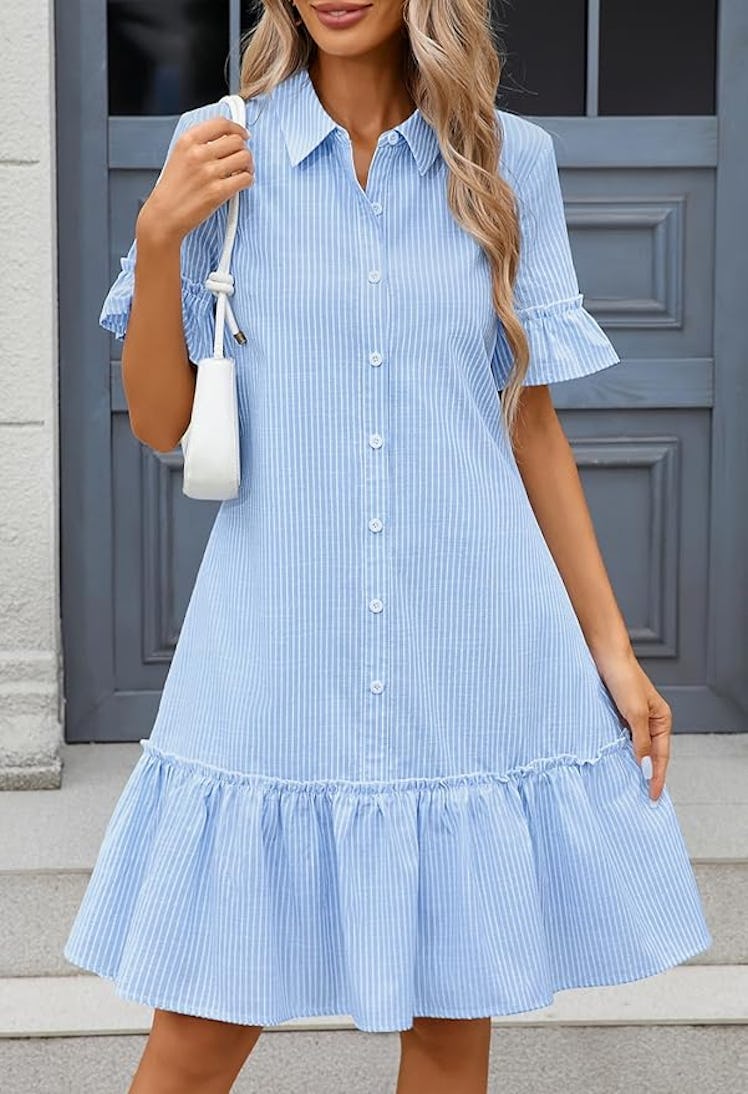 MEROKEETY Ruffle Sleeve Shirt Dress 