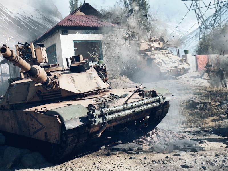 A battlefield scene with two tanks in action amid explosions and debris. Soldiers are visible in the...