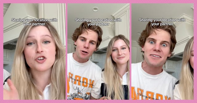 A split-image featuring three clips of young adults discussing sharing location with a partner. They...