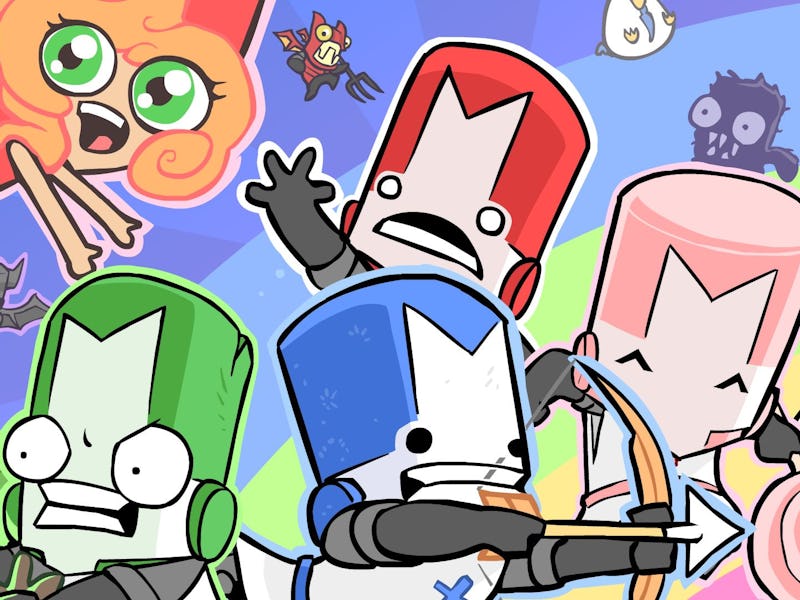 A colorful illustration featuring cartoon knights in various colors, smiling and posing with playful...