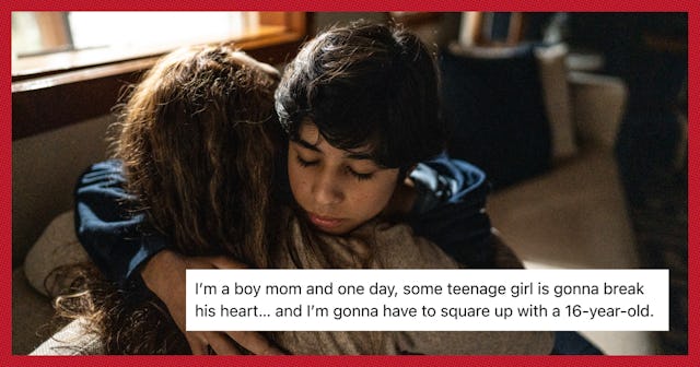 A caring moment between a mother and her son as they embrace. Text below reflects a humorous sentime...