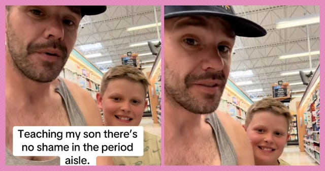 A man and his son smile together in a store aisle, discussing the importance of openness about perio...