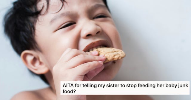 A young child with curly hair is happily biting into a cookie, set against a neutral background, wit...