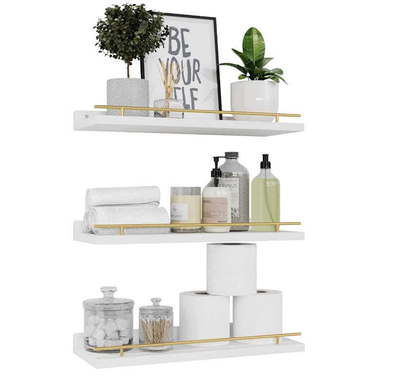 WOPITUES Floating Shelves with Gold Metal Guardrail (3-Pack)