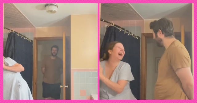 A woman says that her husband always appears when she takes a shower so that he can join in.