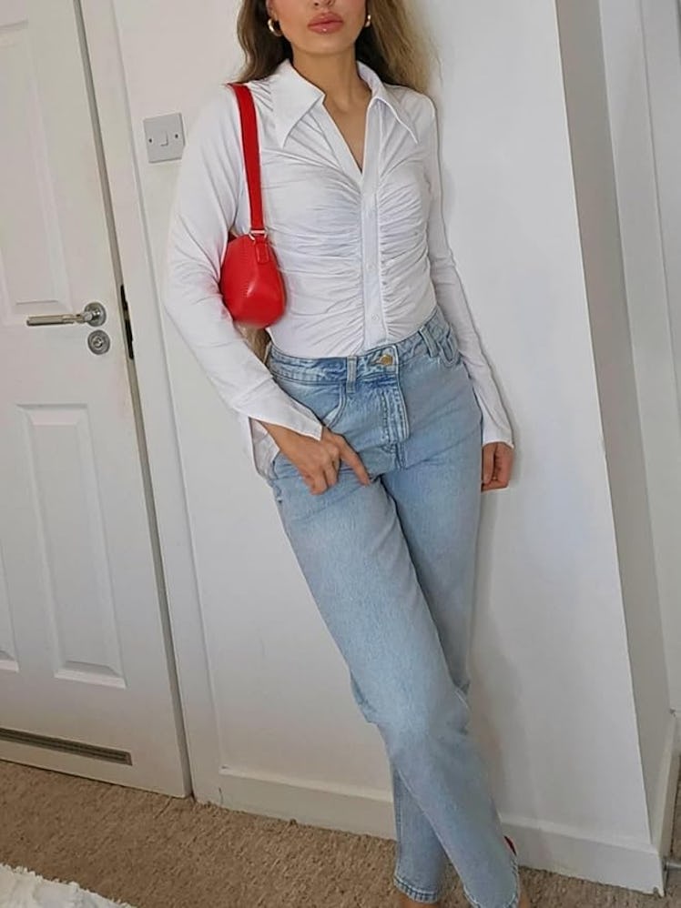WUDODO Ruched V-Neck Button-Down Shirt