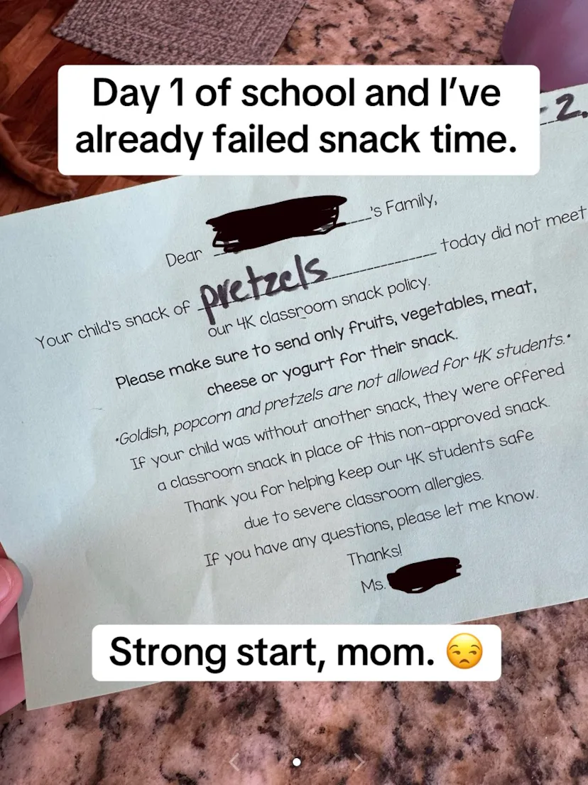 Mom Receives A Note From Her Kid's School For Her Snack Choice