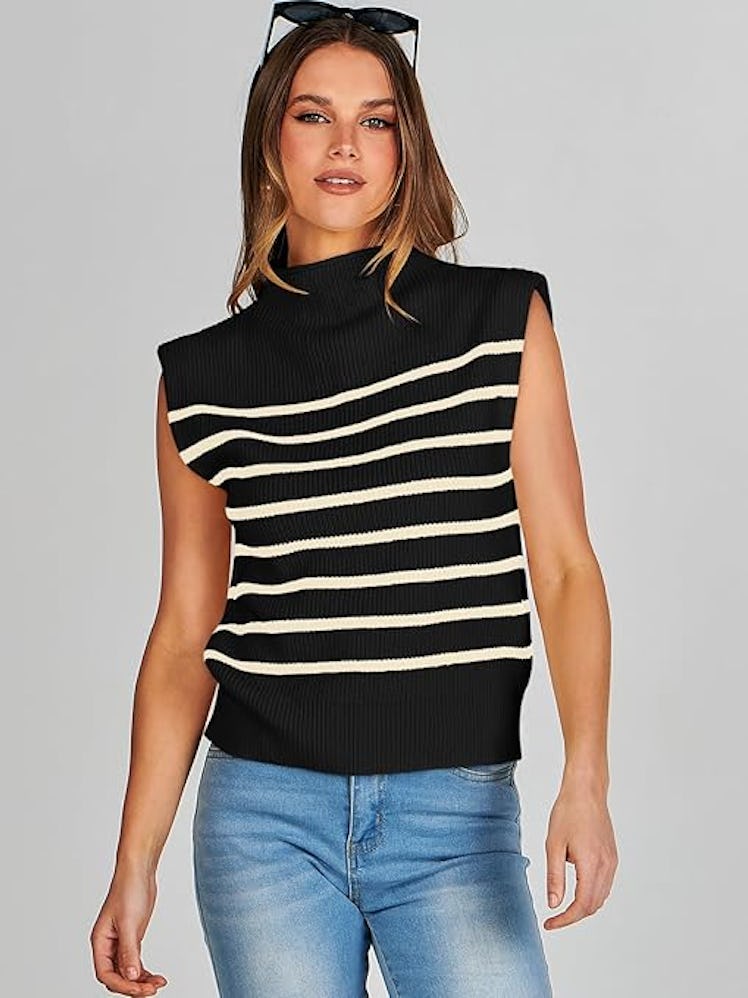 ANRABESS Mock-Neck Sleeveless Striped Sweater Vest 