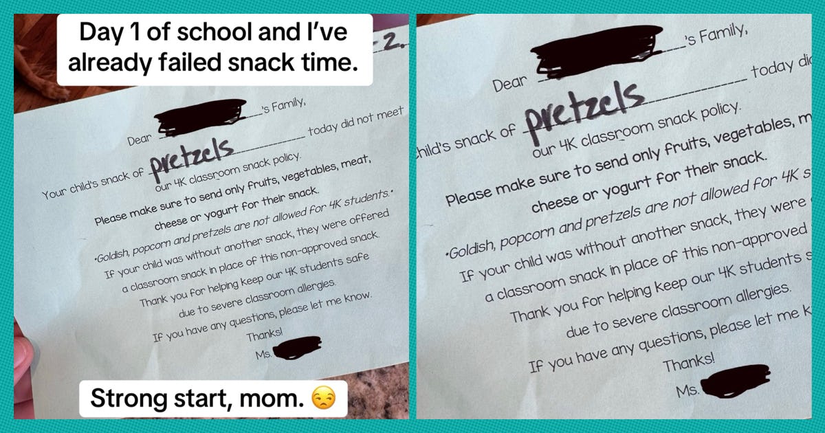 Mom Receives A Note From Her Kid's School For Her Snack Choice