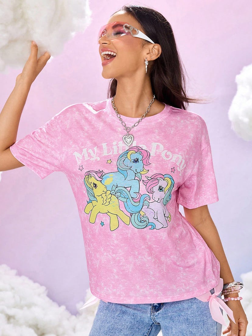 My Little Pony X SHEIN Letter & Cartoon Graphic Short Sleeve T-Shirt
