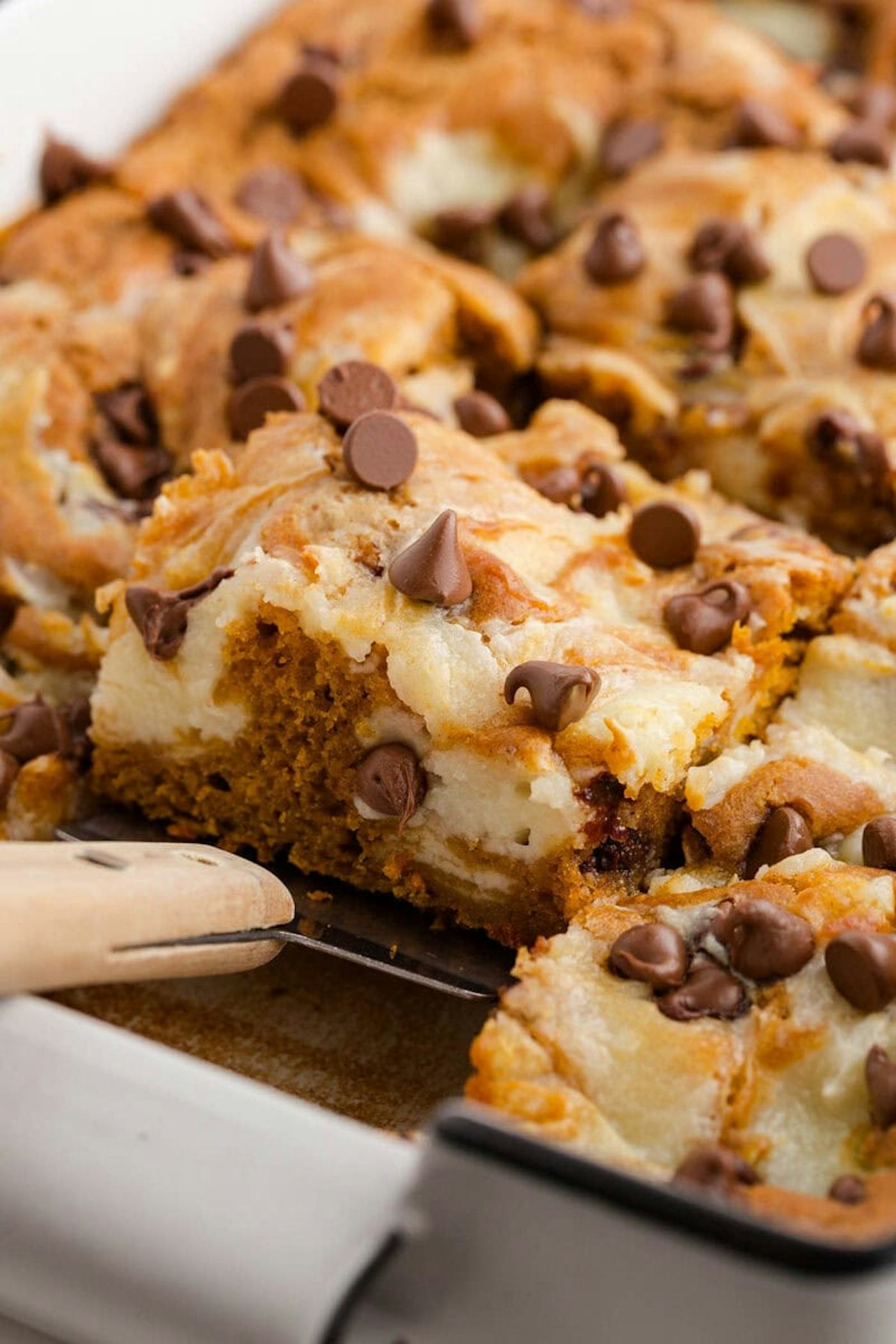 pumpkin cake topped chocolate chips in a story about fall dessert recipes