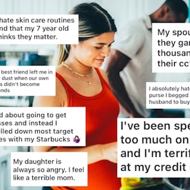 A woman in a red tank top stands in a kitchen slicing vegetables. Overlay text shares various person...