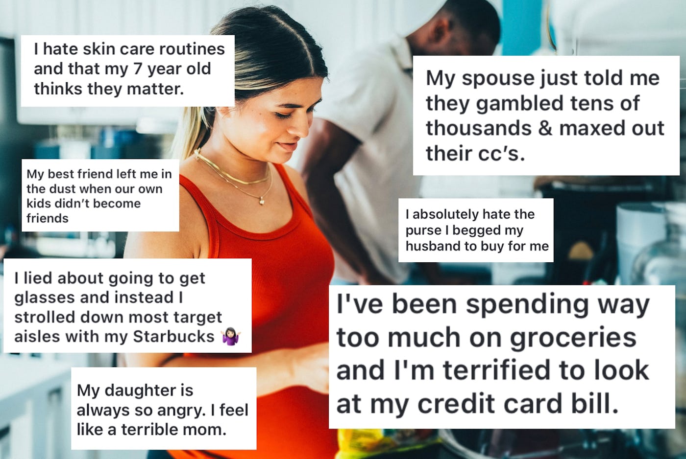 A woman in a red tank top stands in a kitchen slicing vegetables. Overlay text shares various personal confessions related to financial and personal struggles.