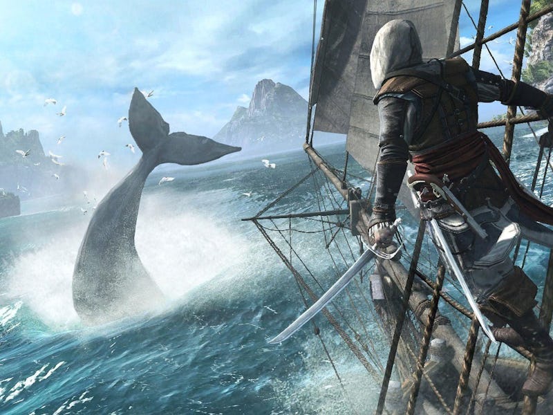 Edward Kenway hangs from a ship overlooking a whale.