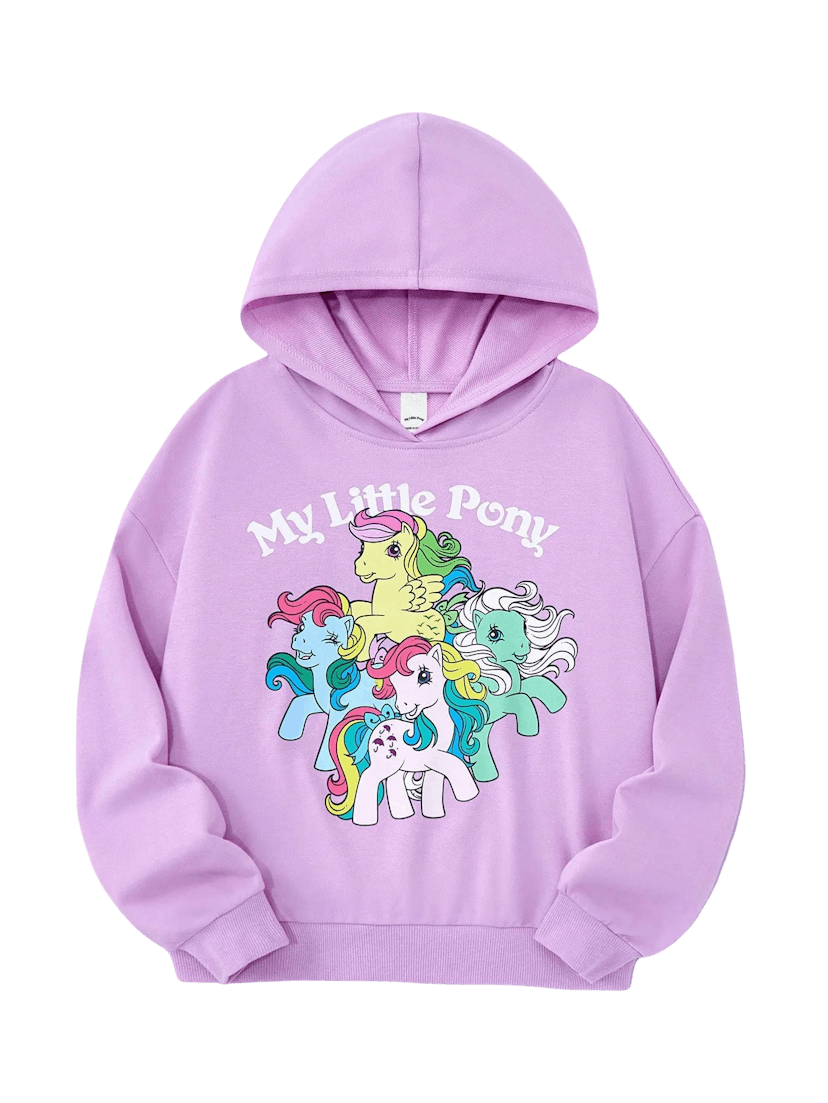 My Little Pony X SHEIN Tween Girl Letter & Cartoon Graphic Long Sleeve Hoodie Sweatshirt