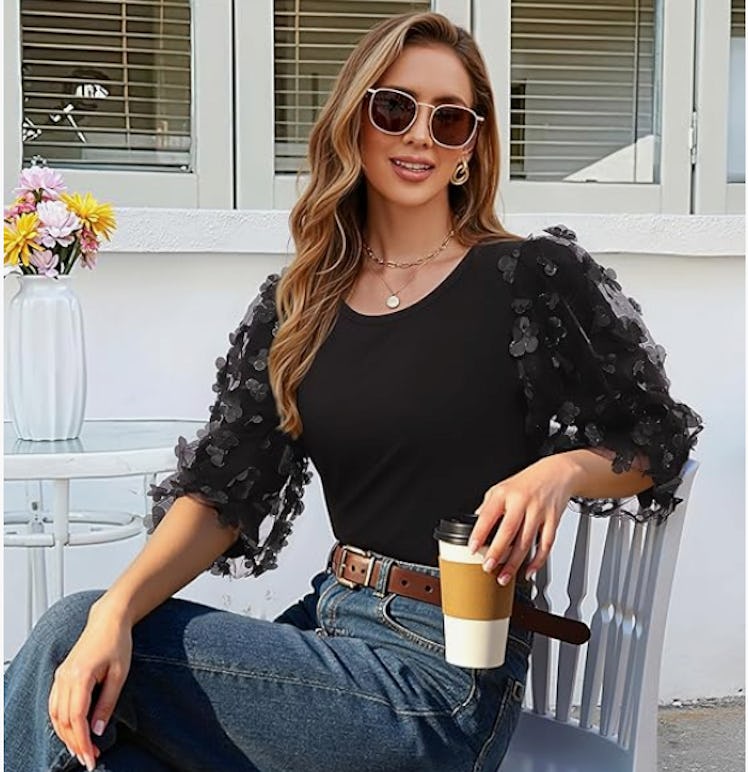 Triratna 3/4 Puff Sleeve Mesh With Appliques Top