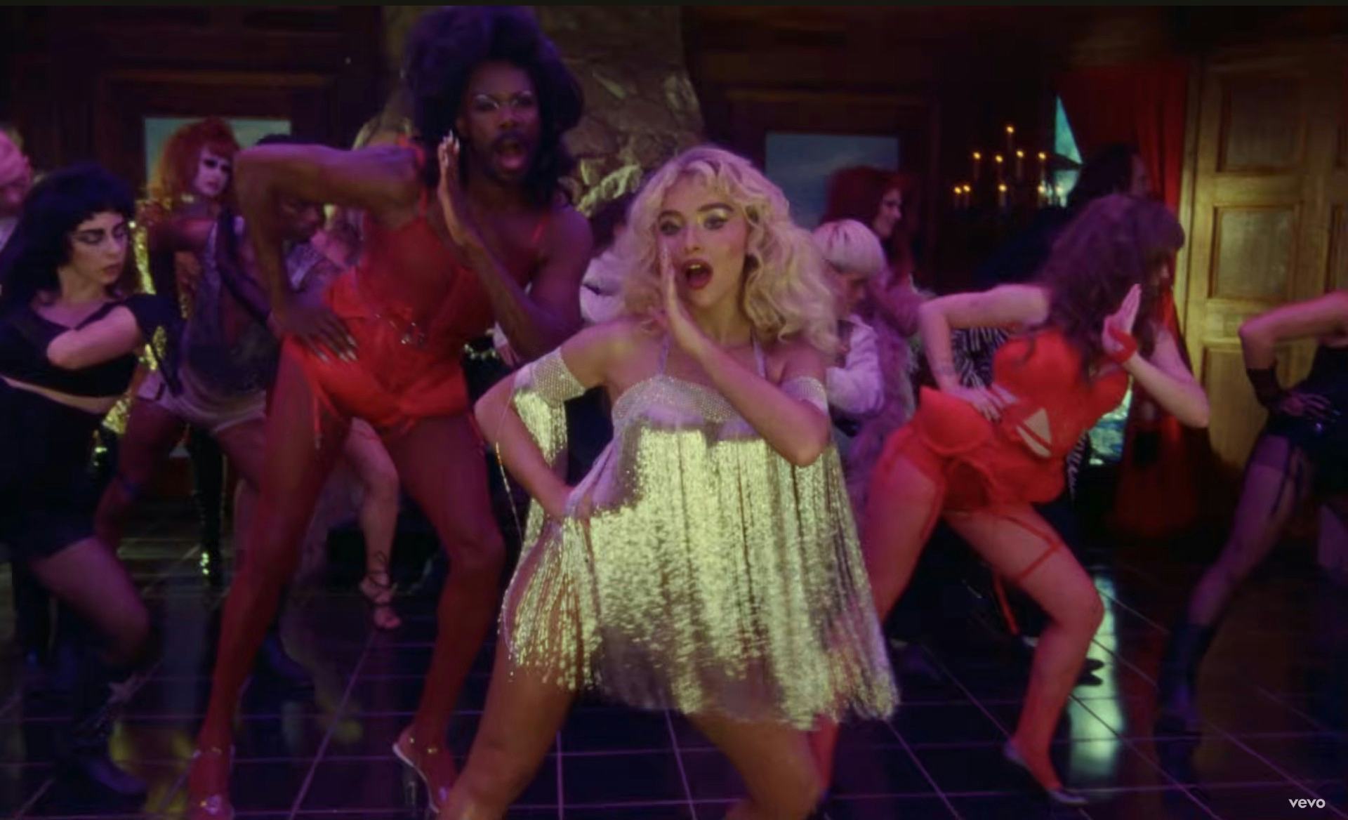 Sabrina Carpenter stripped down to lingerie in her "Tears" music video.