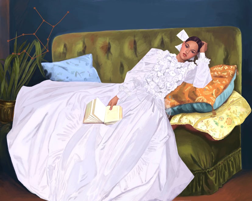 a person in a white dress lying down on a stack of pillows and an olive green chaise longue