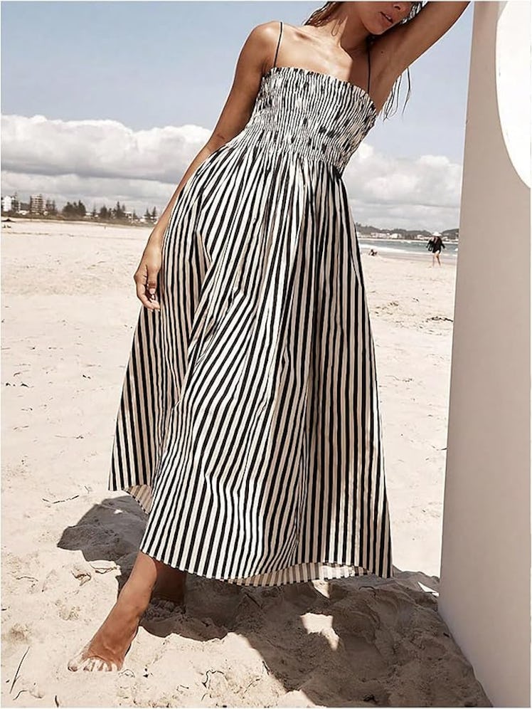 SOLY HUX Striped Spaghetti Strap Shirred Maxi Dress