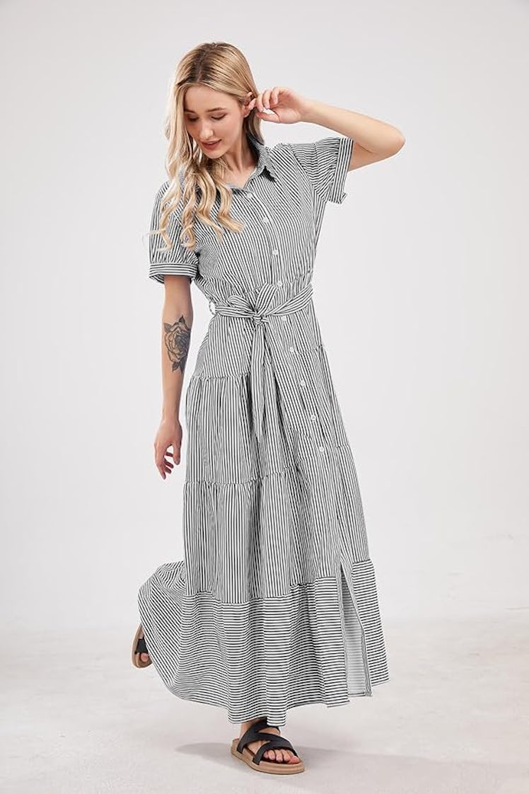 utcoco Tie-Waist Ruffled Striped Maxi Shirt Dress