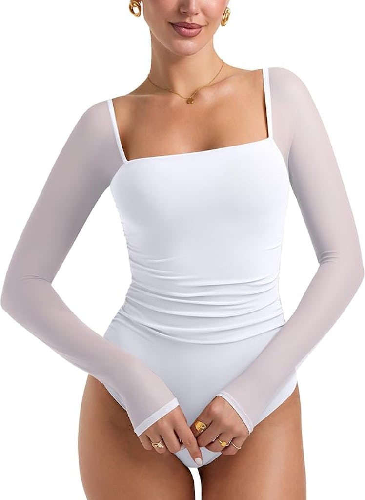 PINKMSTYLE Square-Neck Mesh-Sleeve Bodysuit