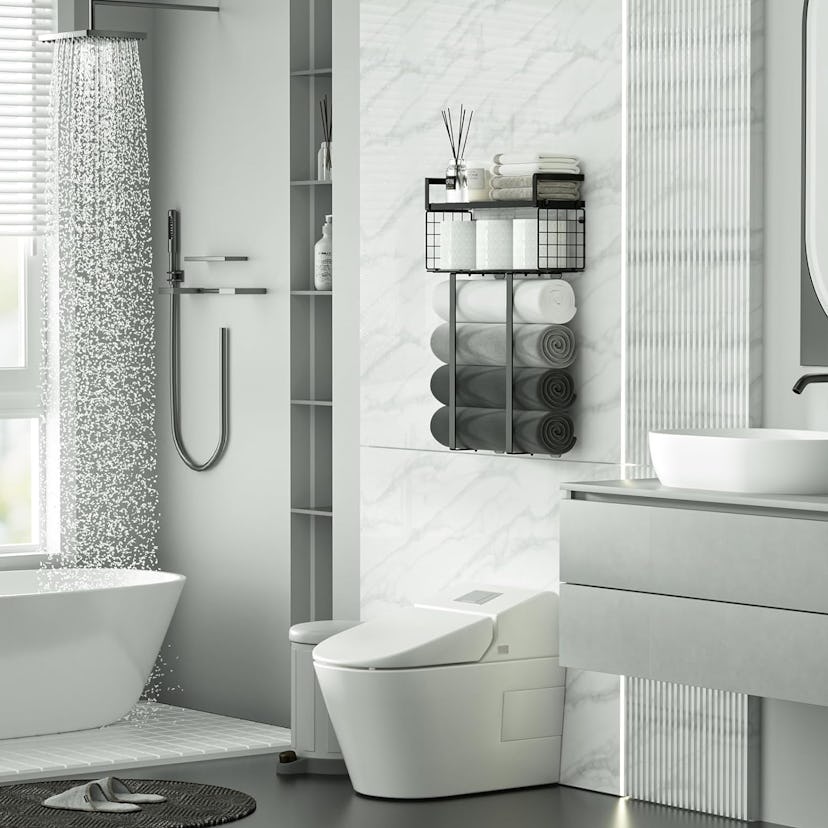 Xstydes Towel Rack with Storage Basket