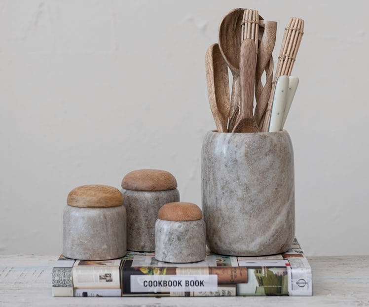 Creative Co-Op Modern Marble Canister with Wood Lid