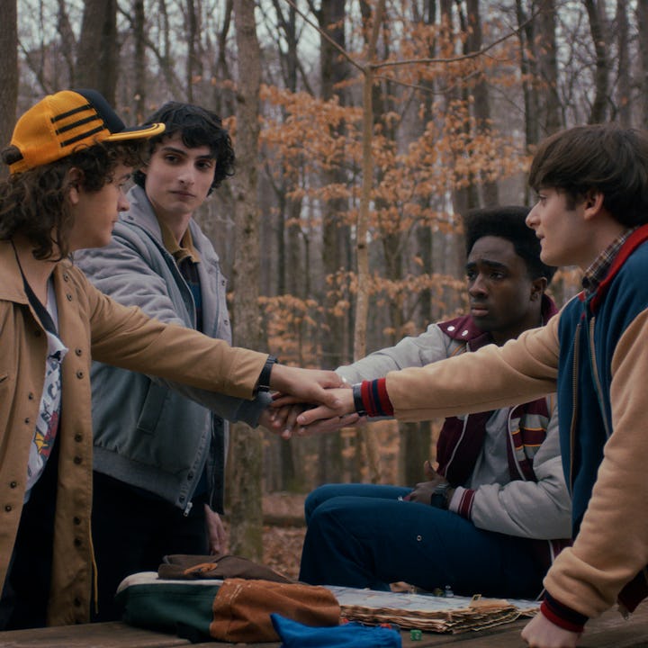 STRANGER THINGS. (L to R) Gaten Matarazzo as Dustin Henderson, Finn Wolfhard as Mike Wheeler, Caleb ...