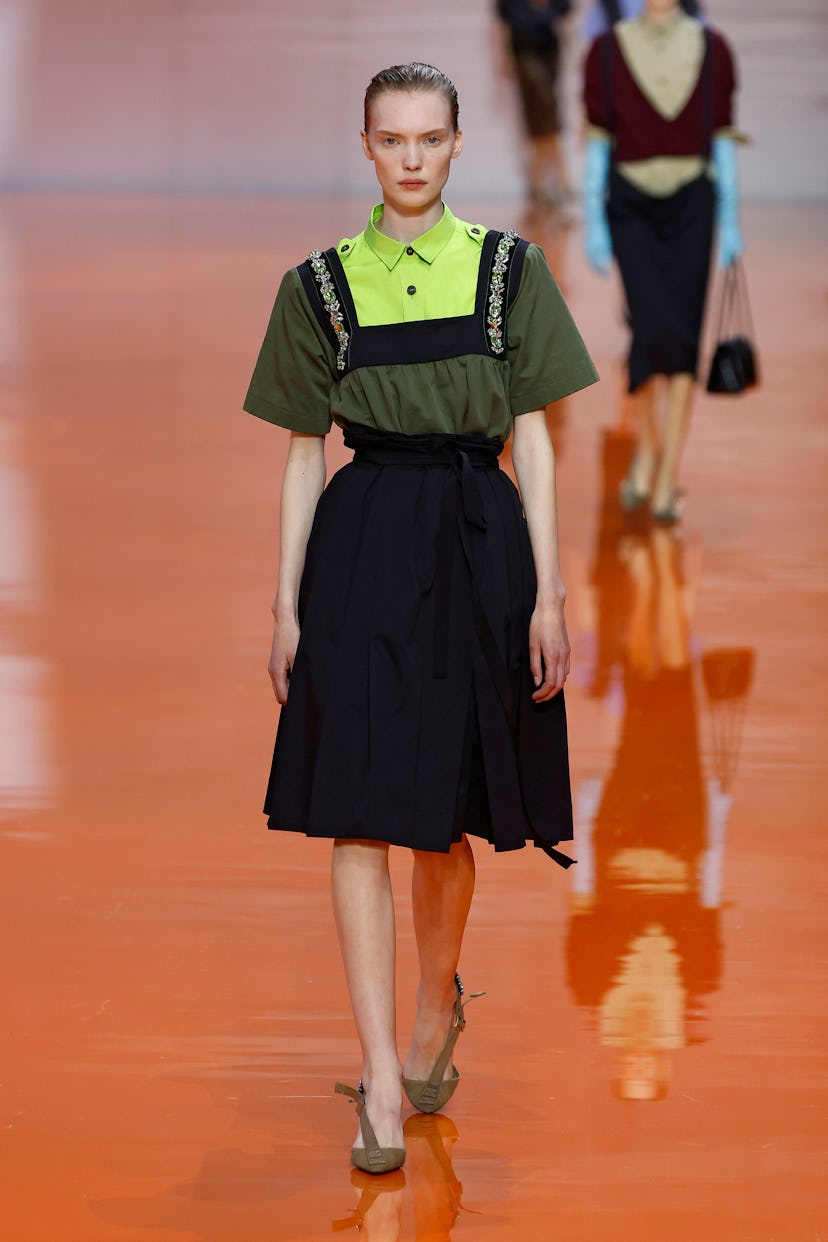 A model walks the runway at the Prada fashion show during the Milan Womenswear Spring/Summer 2026 on...